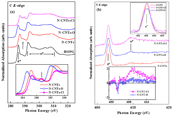 Figure 7. (a) C K-edge XANES spectra of non-functionalization and oxygen/chlorine functionalization nitrogenated carbon nanotubes along with HOPG reference. Inset shows the overlap π* region of all CNx-NTs. (b) N K-edge XANES spectra of non-functionalization and oxygen/chlorine functionalization nitrogenated carbon nanotubes. Inset shows the overlap π* and σ* region of all CNx-NTs. 